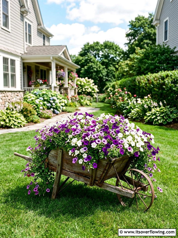 Petunia Explosion Wheelbarrow - 25 garden decor ideas with wheelbarrows