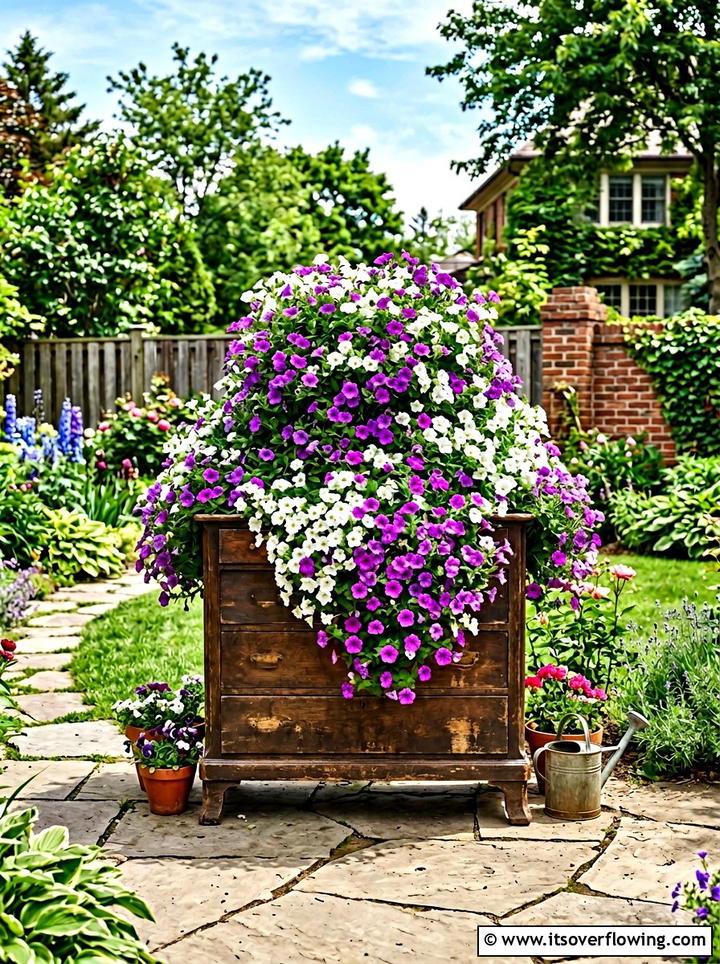 Petunia drawer display - 25 upcycled garden ideas with old dressers