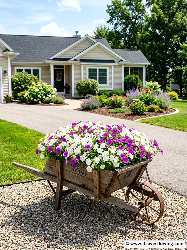 Petunia wheelbarrow planter - 25 upcycled garden ideas with old wheelbarrows