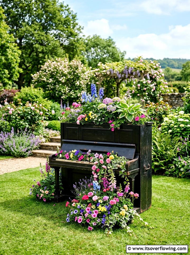 Piano Flower Garden - 25 reusing old things ideas for front yard