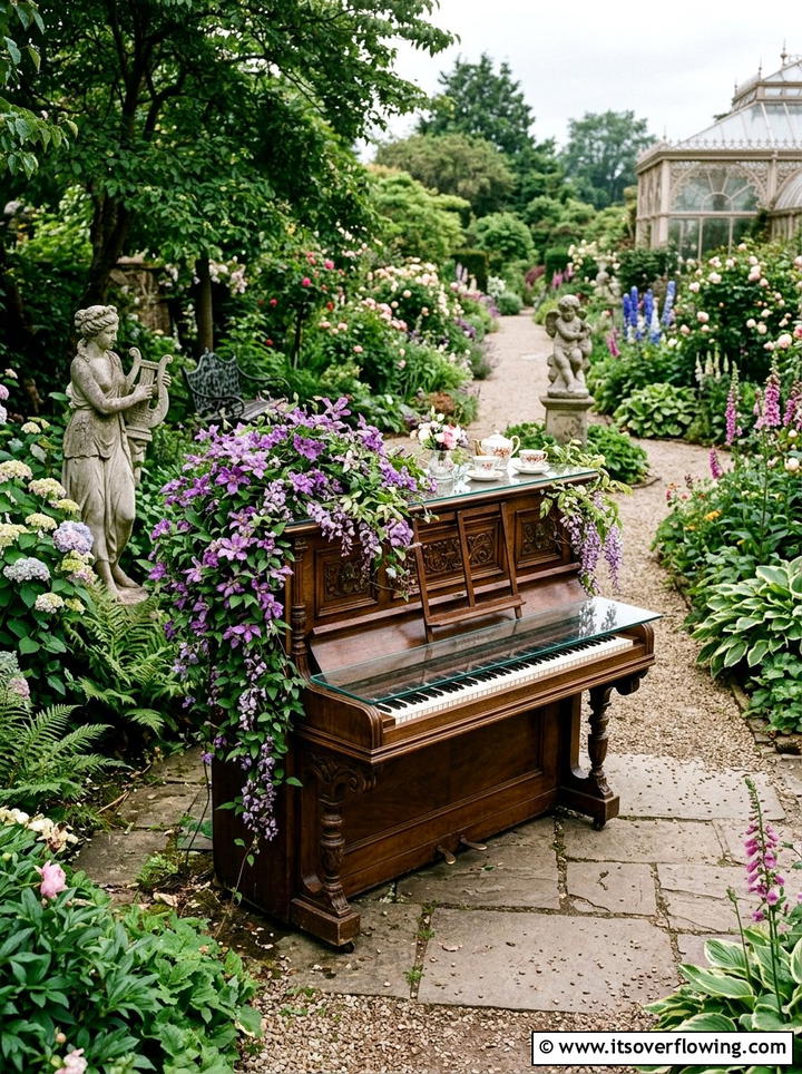 Piano Garden Table - 25 upcycled garden ideas with outdoor tables