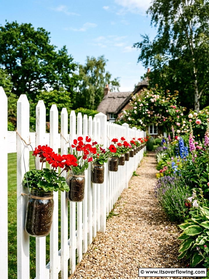 Picket Fence Hanging Jars - 25 garden decor ideas with hanging jars