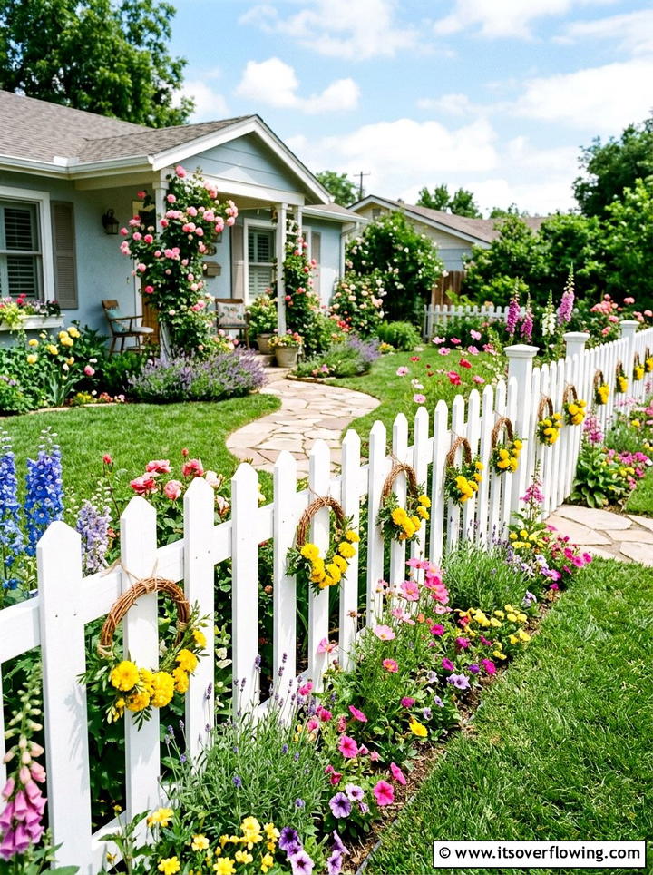 Picket fence floral hoop - 25 garden decor ideas with floral hoops