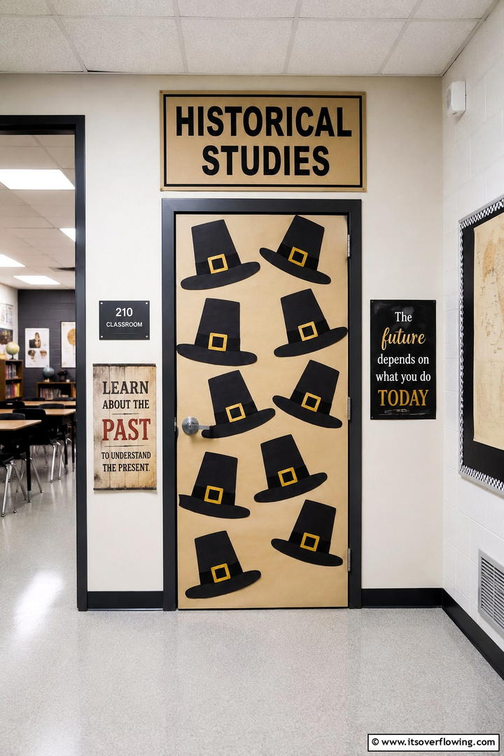 Pilgrim Hat Display - 50 Fall Door Decor Classroom Ideas for Cozy Entryways