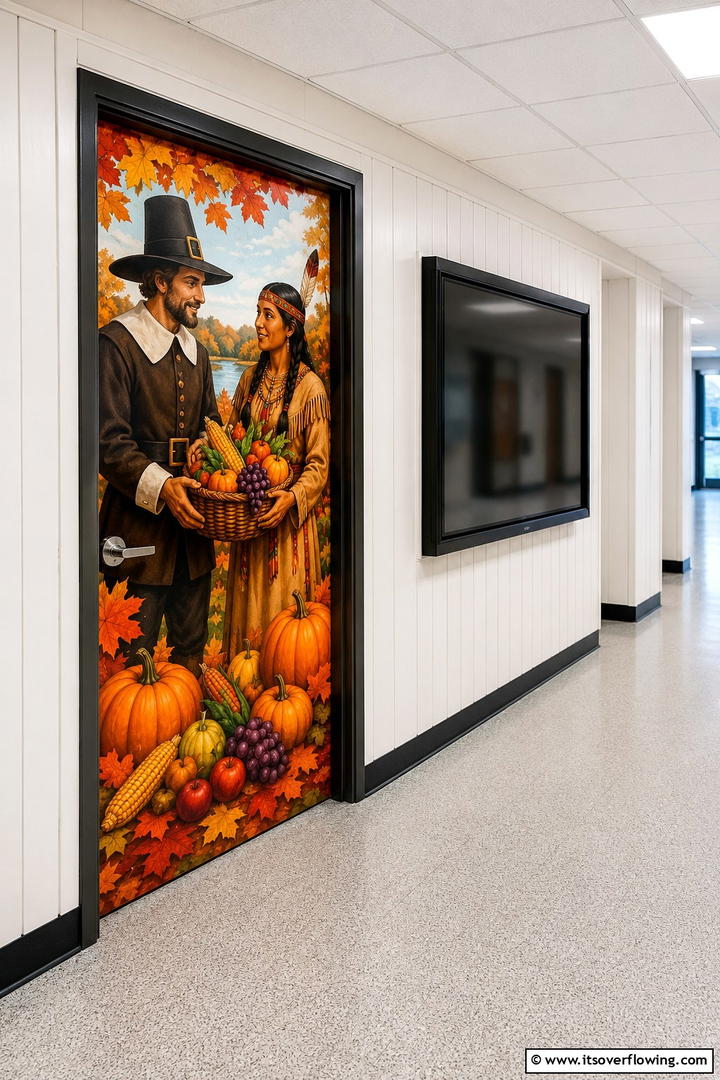 Pilgrim and Native American Unity - 50 Fall Door Decor Classroom Ideas for Cozy Entryways