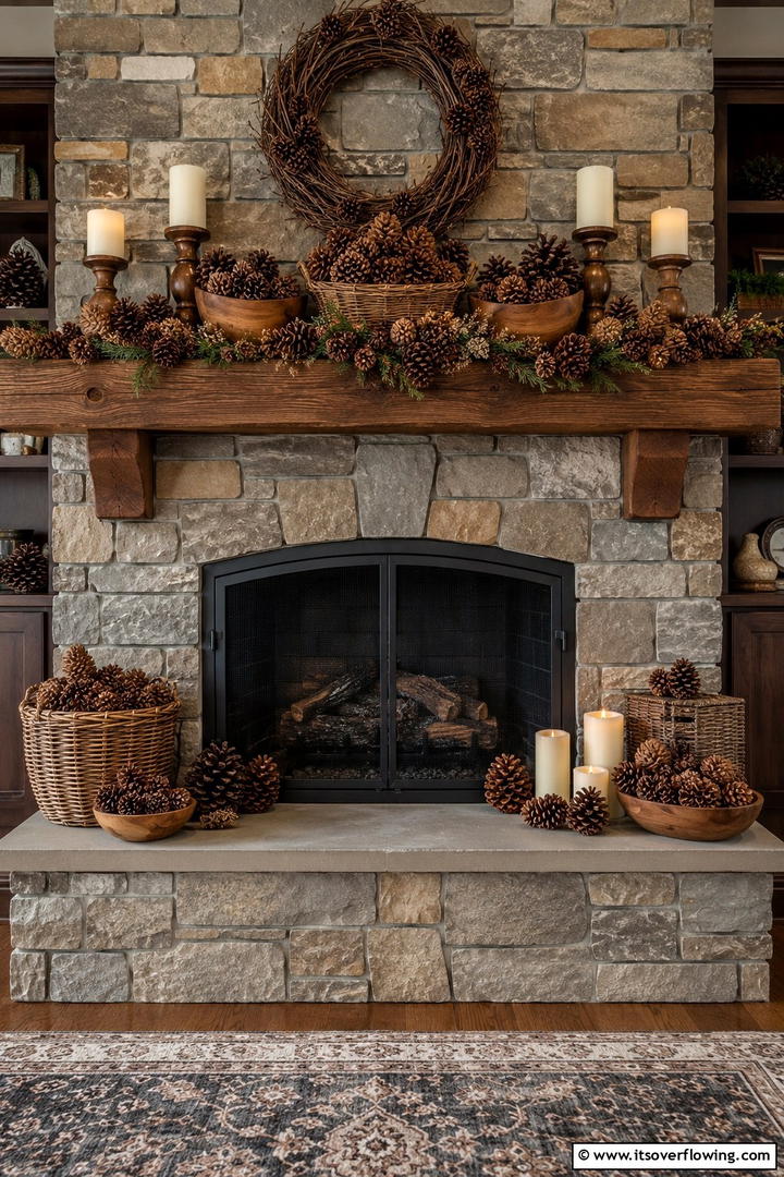 Pinecone Collection Mantel Display - 50 Fall Mantel Decor Ideas for Cozy Spaces This Season