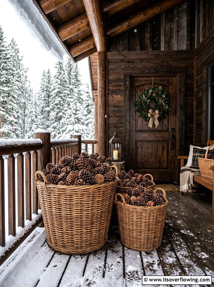 Pinecone Filled Baskets - 25 front porch decor ideas for winter