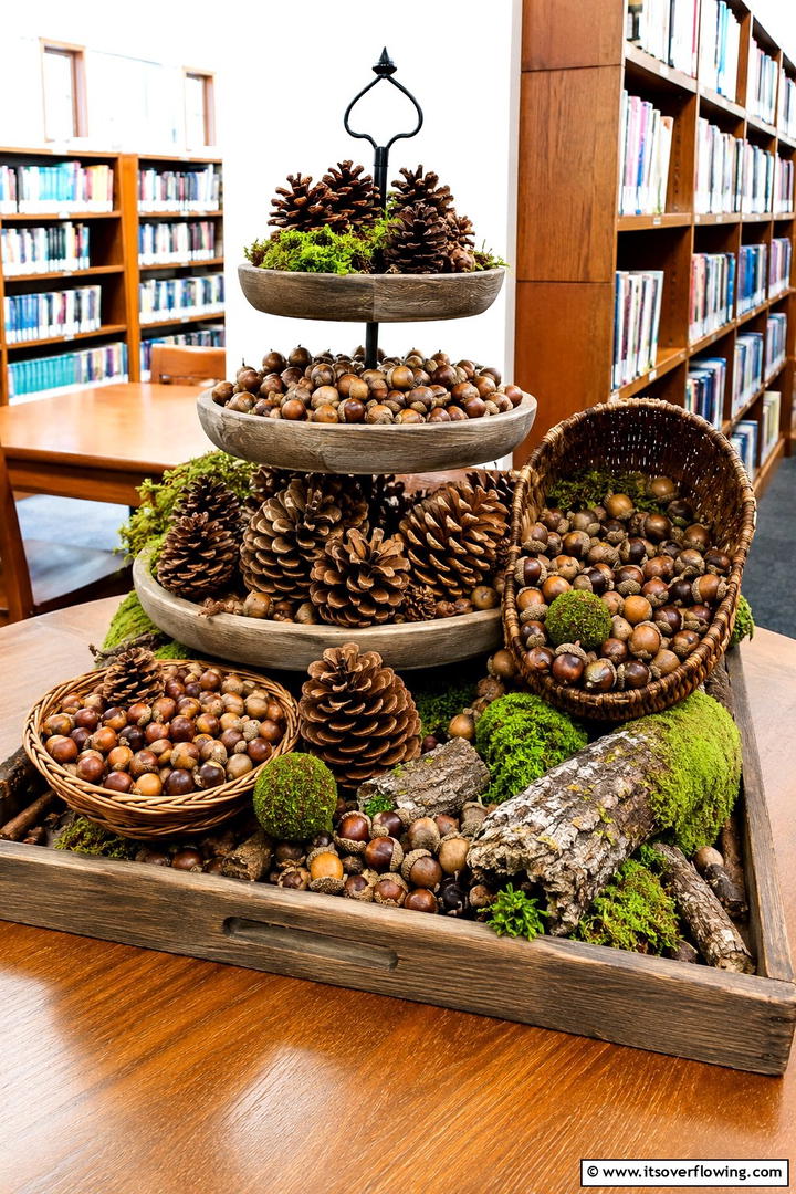Pinecone and Acorn Nature Study - 50 Fall Tiered Tray Decor Ideas for Festive Shelves
