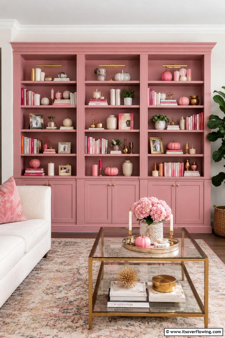 Pink Bookshelf Styling - 50 Pink Fall Decor Ideas Roundup- Soft Seasonal Vibes