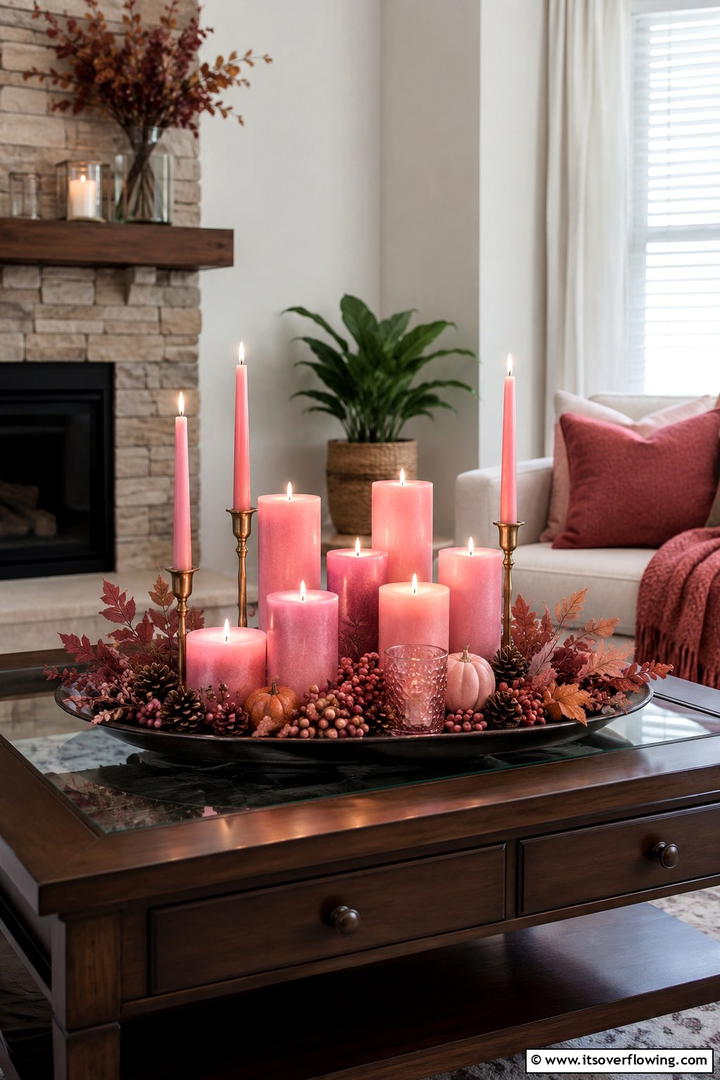 Pink Candle Display - 50 Pink Fall Decor Ideas Roundup- Soft Seasonal Vibes