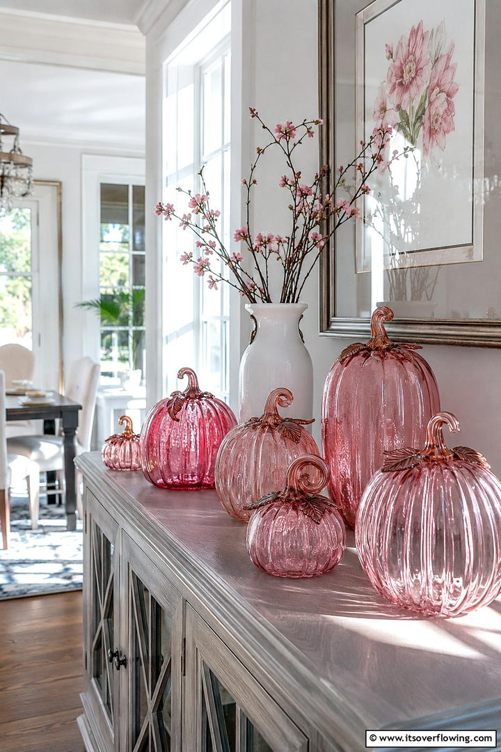 Pink Glass Pumpkins - 50 Pink Fall Decor Ideas Roundup- Soft Seasonal Vibes