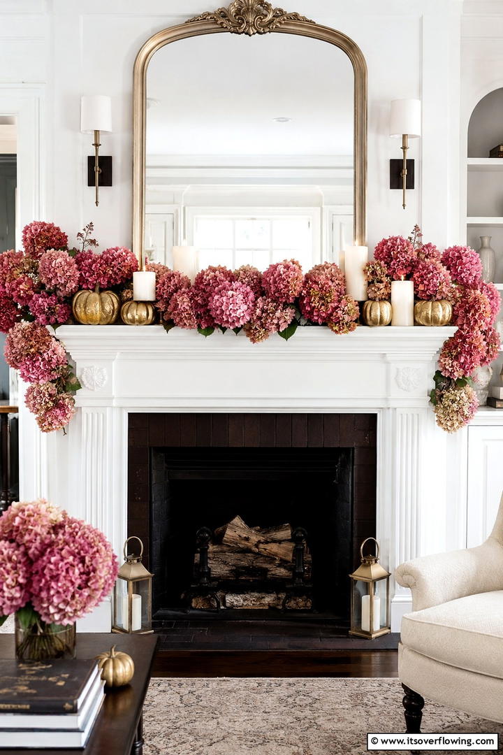 Pink Hydrangea Mantel - 50 Pink Fall Decor Ideas Roundup- Soft Seasonal Vibes