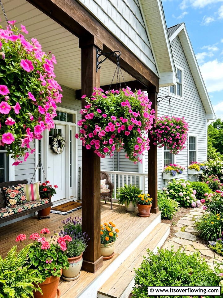 Pink Petunia Hanging Baskets - 25 front porch ideas with hanging baskets