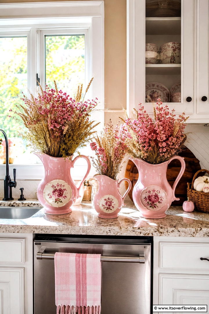 Pink Pitcher Displays - 50 Pink Fall Decor Ideas Roundup- Soft Seasonal Vibes