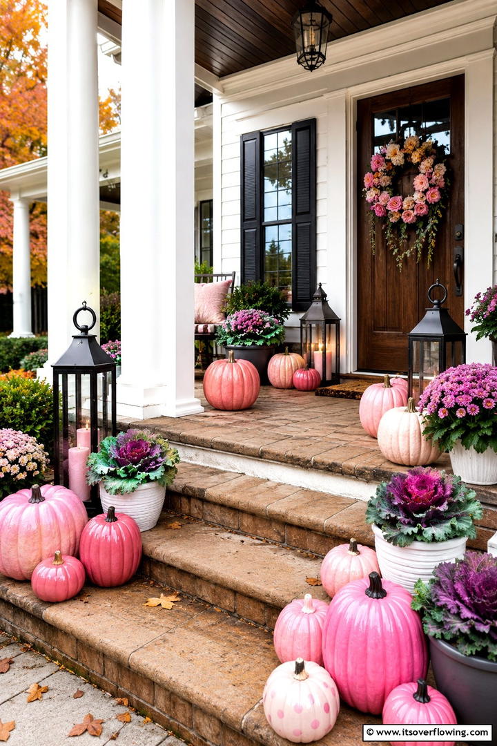 Pink Pumpkin Porch Display - 50 Pink Fall Decor Ideas Roundup- Soft Seasonal Vibes