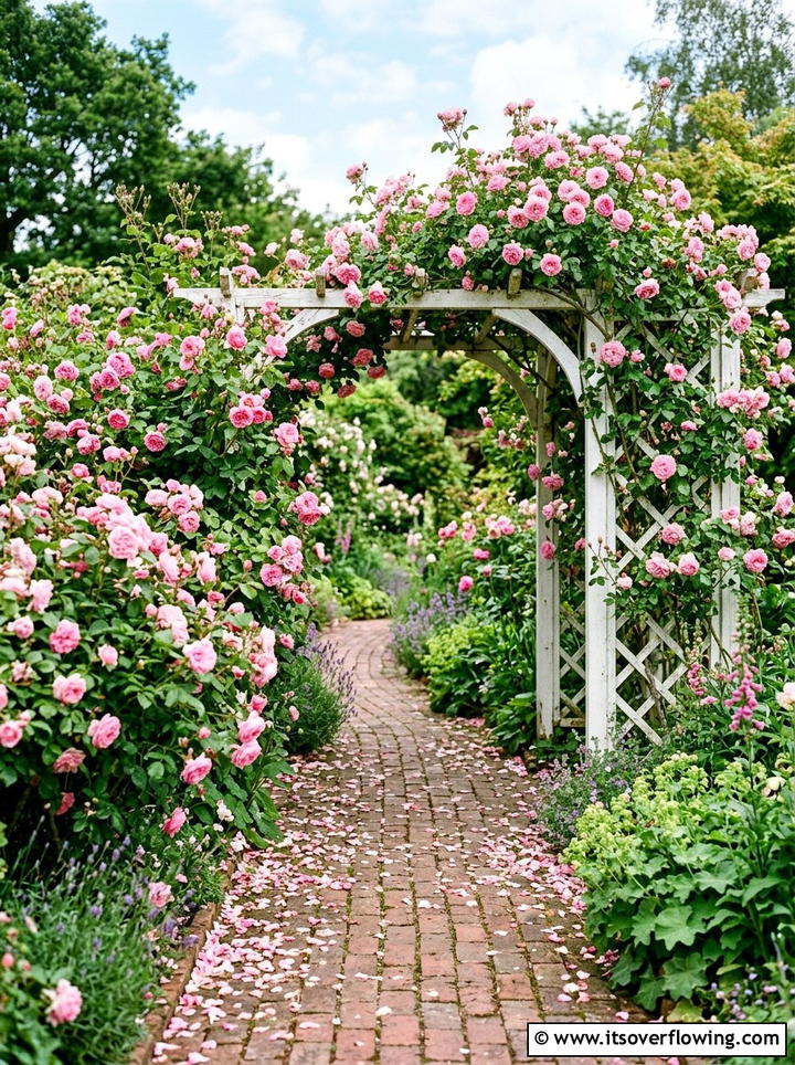 Pink Rose Garden Path - 25 garden design ideas with monochrome plants