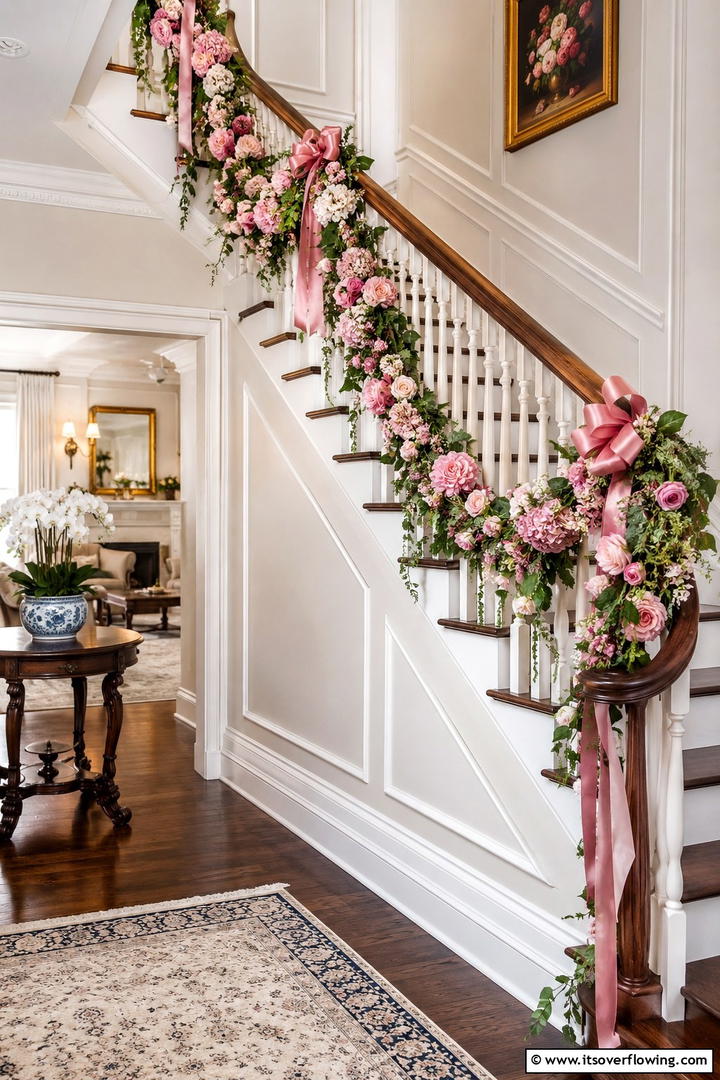 Pink Staircase Garland - 50 Pink Fall Decor Ideas Roundup- Soft Seasonal Vibes