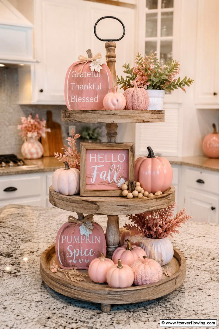 Pink Tiered Tray Styling - 50 Pink Fall Decor Ideas Roundup- Soft Seasonal Vibes