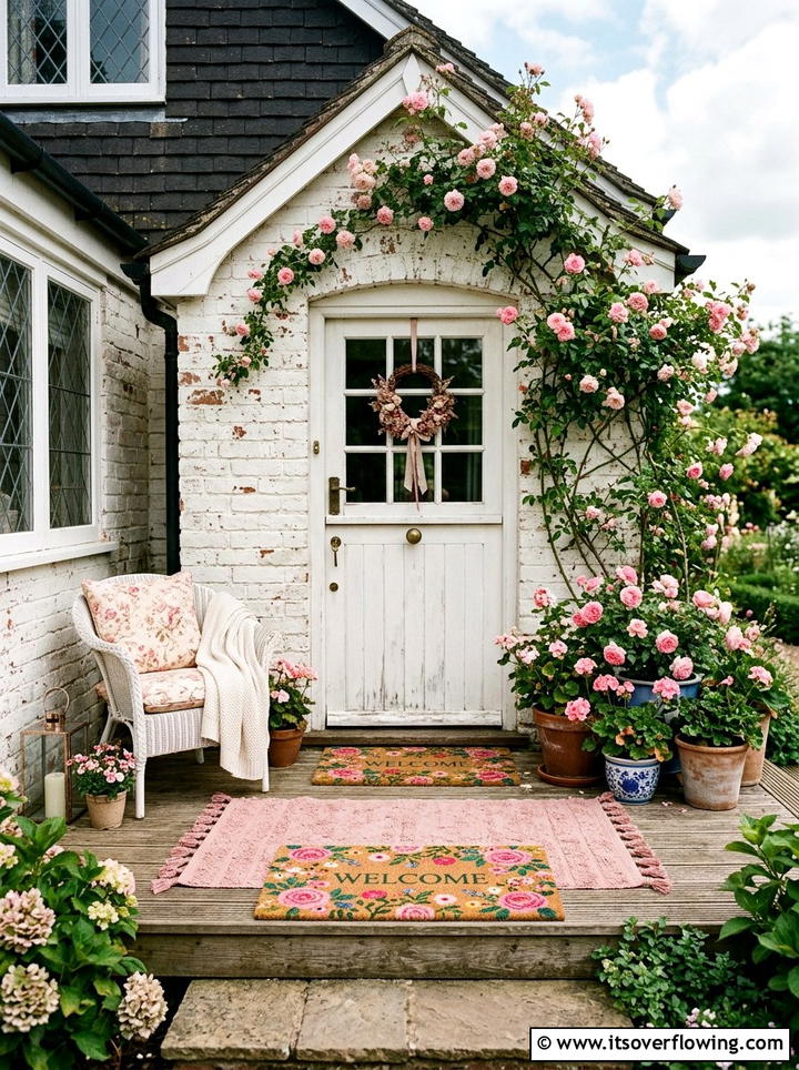 Pink accent rug with floral doormat - 25 front porch decor ideas with layered mats