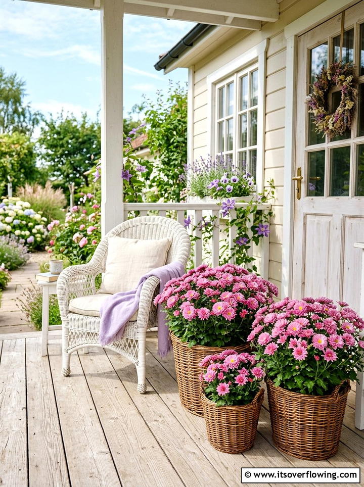 Pink chrysanthemums in woven baskets - 25 front porch ideas with mums