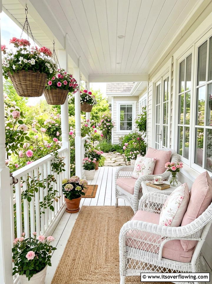 Pink floral porch - 25 front porch decor ideas with cushions