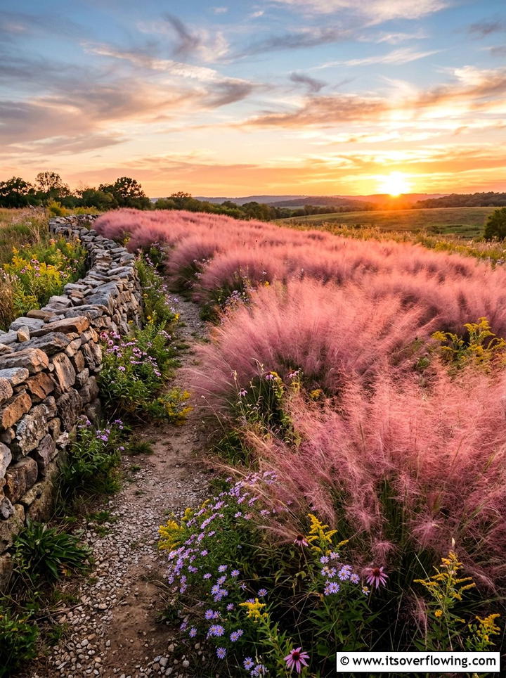 Pink muhly grass flower bed - 25 backyard ideas with ornamental grasses