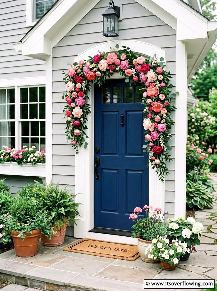 Pink peony front door garland - 25 front porch ideas with floral garland