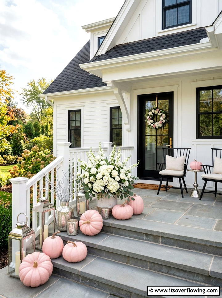 Pink pumpkin porch decor - 25 front porch ideas with pumpkins