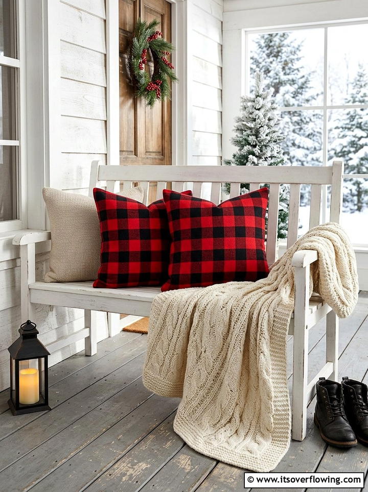 Plaid Patterned Seating Area - 25 front porch ideas with christmas decor