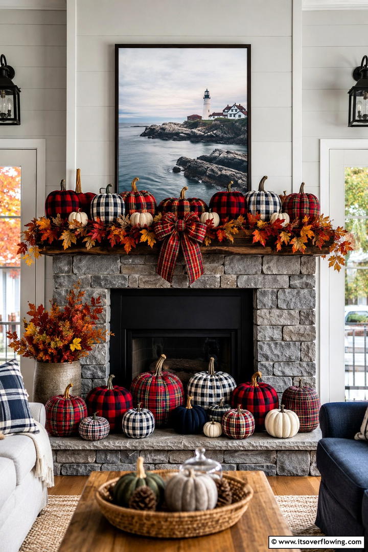 Plaid Pumpkin Mantel Display - 50 Fall Mantel Decor Ideas for Cozy Spaces This Season