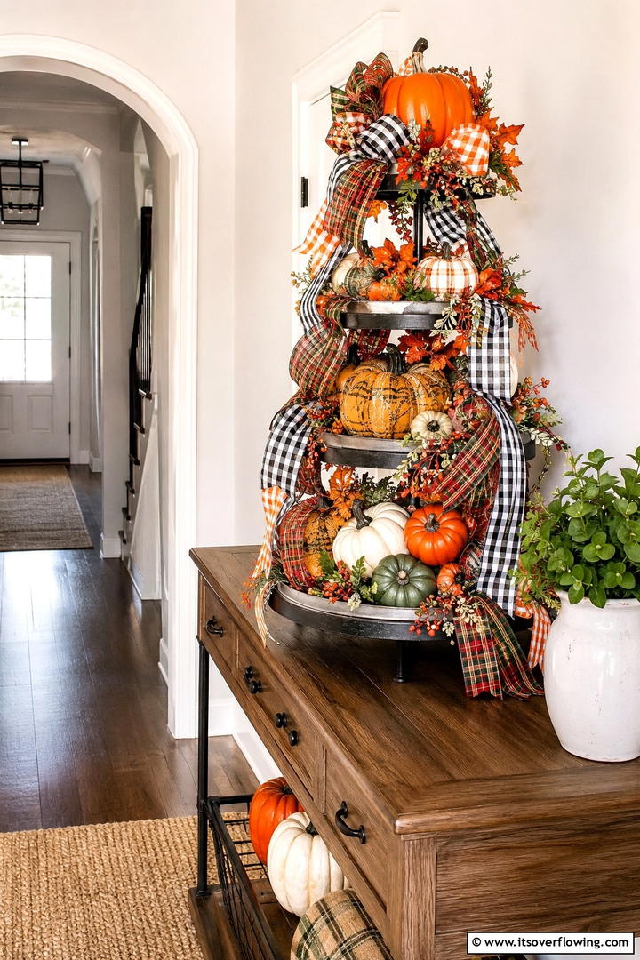 Plaid Ribbon Cascade - 50 Fall Tiered Tray Decor Ideas for Festive Shelves