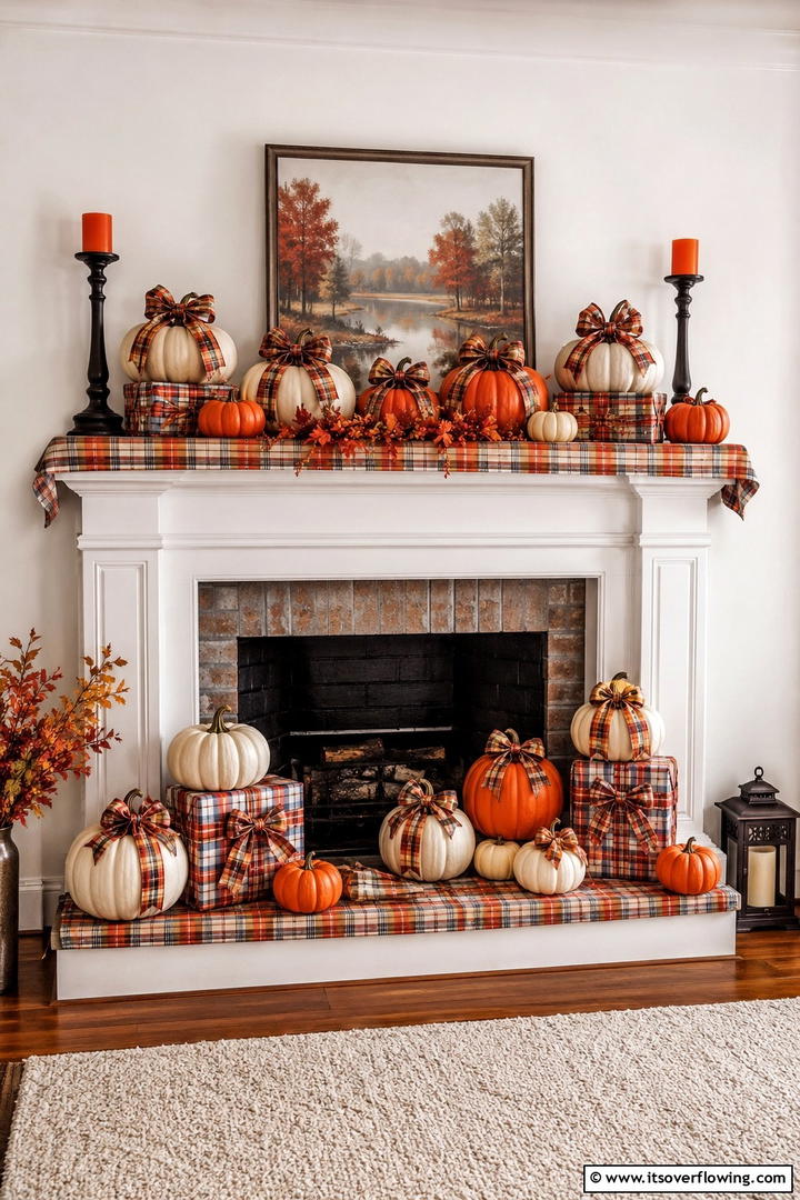 Plaid Ribbon Pumpkin Theme - 50 Fall Fireplace Decor Ideas to Warm Autumn Gatherings