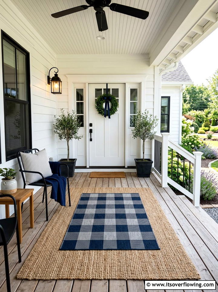 Plaid Rug Layering - 25 front porch decor ideas for winter