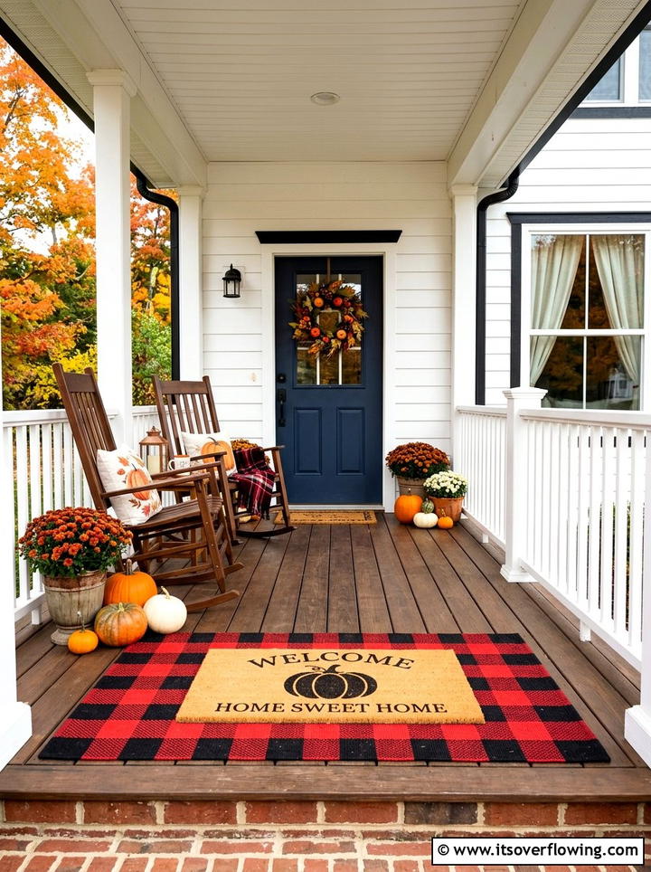 Plaid doormat layering - 25 front porch decor ideas for thanksgiving