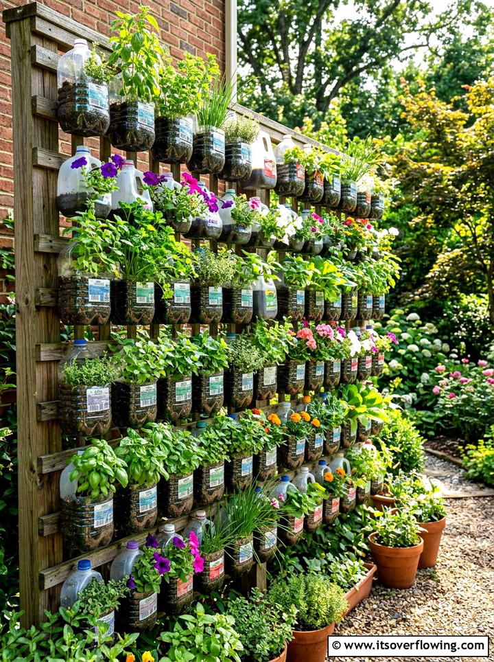 Plastic Bottle Planter Wall - 25 recycled garden ideas for kids
