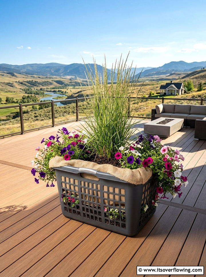 Plastic Laundry Basket Planter - 25 cheap garden ideas with dollar store decor