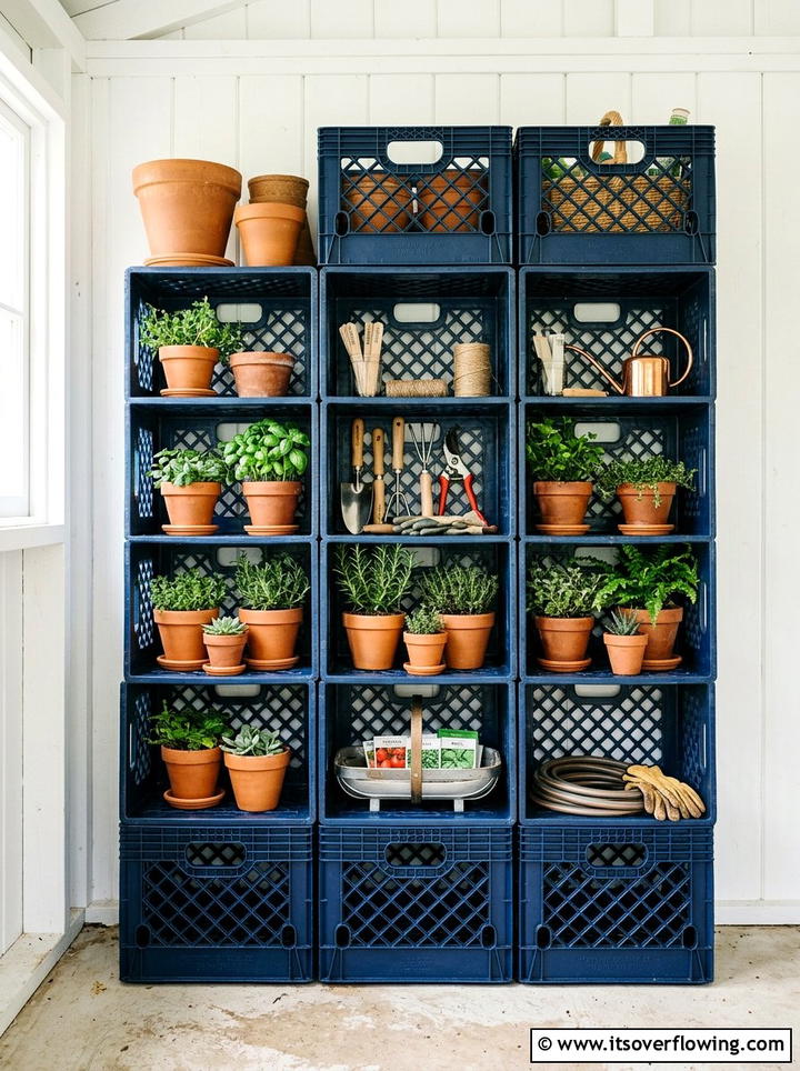 Plastic Milk Crate Shelving - 25 upcycled garden ideas with coastal style
