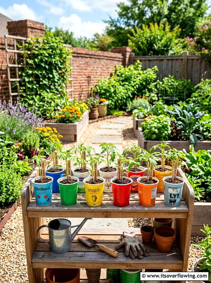 Plastic Yogurt Cup Planter - 25 recycled garden ideas with seed starting trays