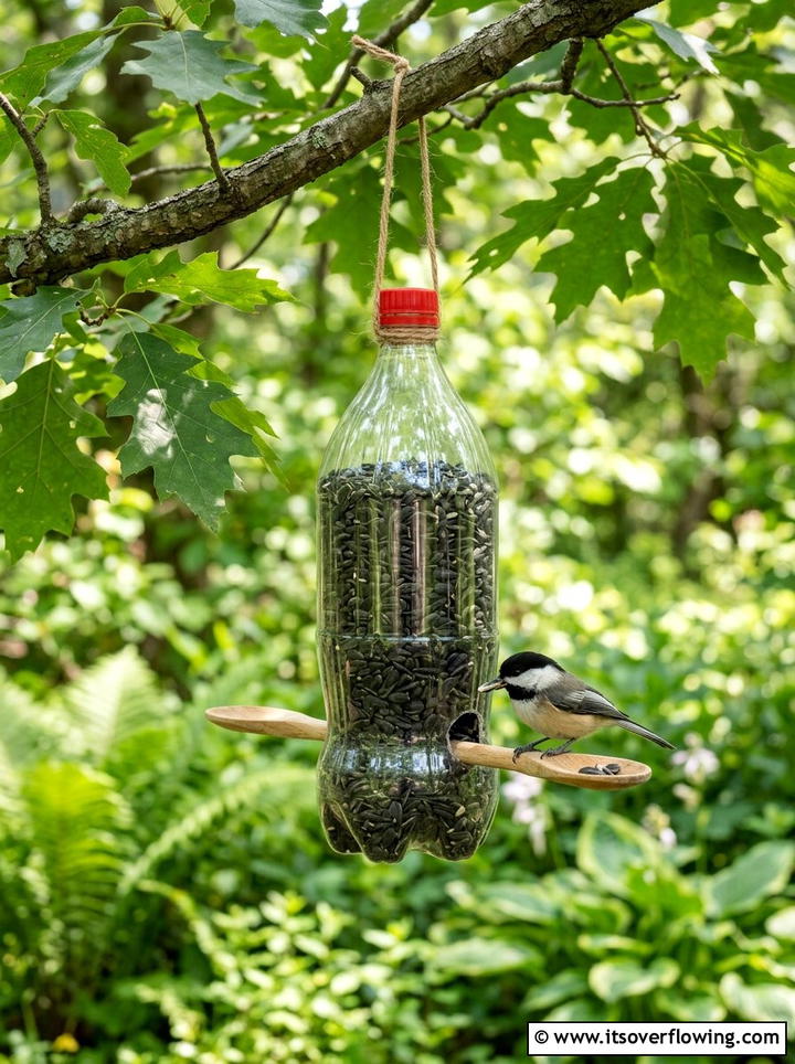 Plastic bottle bird feeder - 25 upcycled garden ideas with kids projects