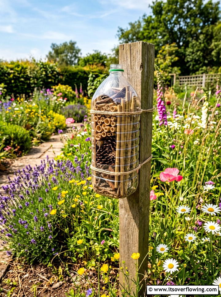 Plastic bottle bug hotel - 25 upcycled garden ideas with kids projects