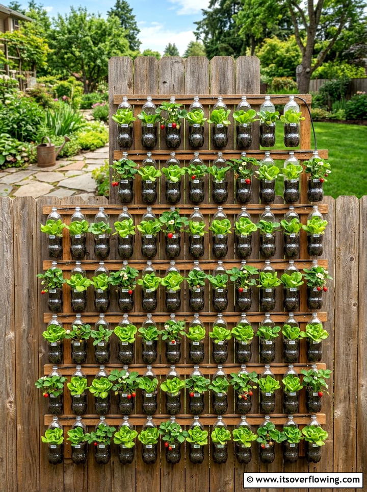 Plastic bottle vertical wall - 25 cheap garden ideas with recycled materials