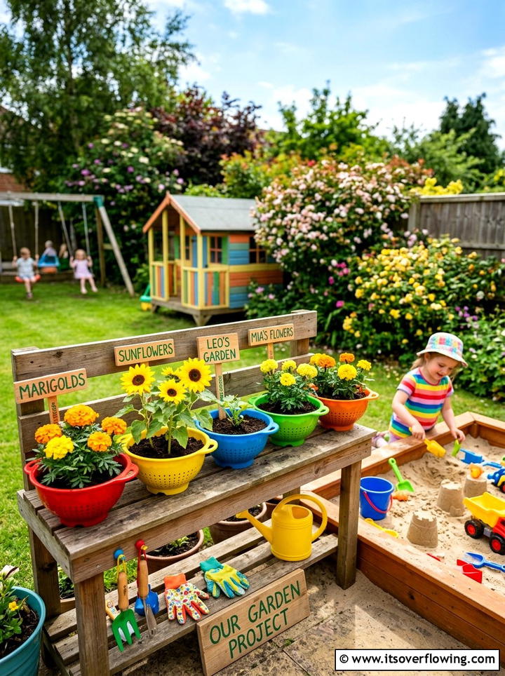 Plastic colander kids garden project - 25 recycled garden ideas with old colanders