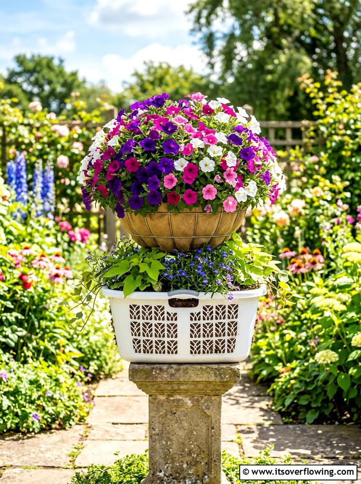 Plastic laundry basket planter - 25 cheap garden ideas with repurposed containers