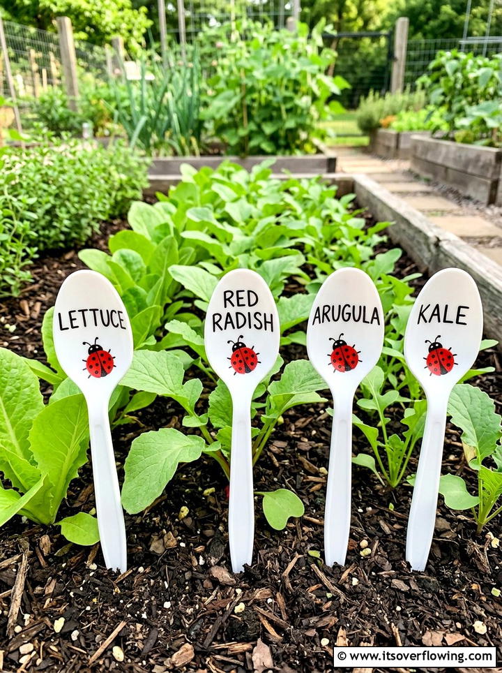 Plastic spoon plant label - 25 upcycled garden ideas with kids projects