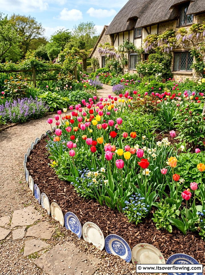 Plate Garden Edging - 25 recycled garden ideas with chipped dishes