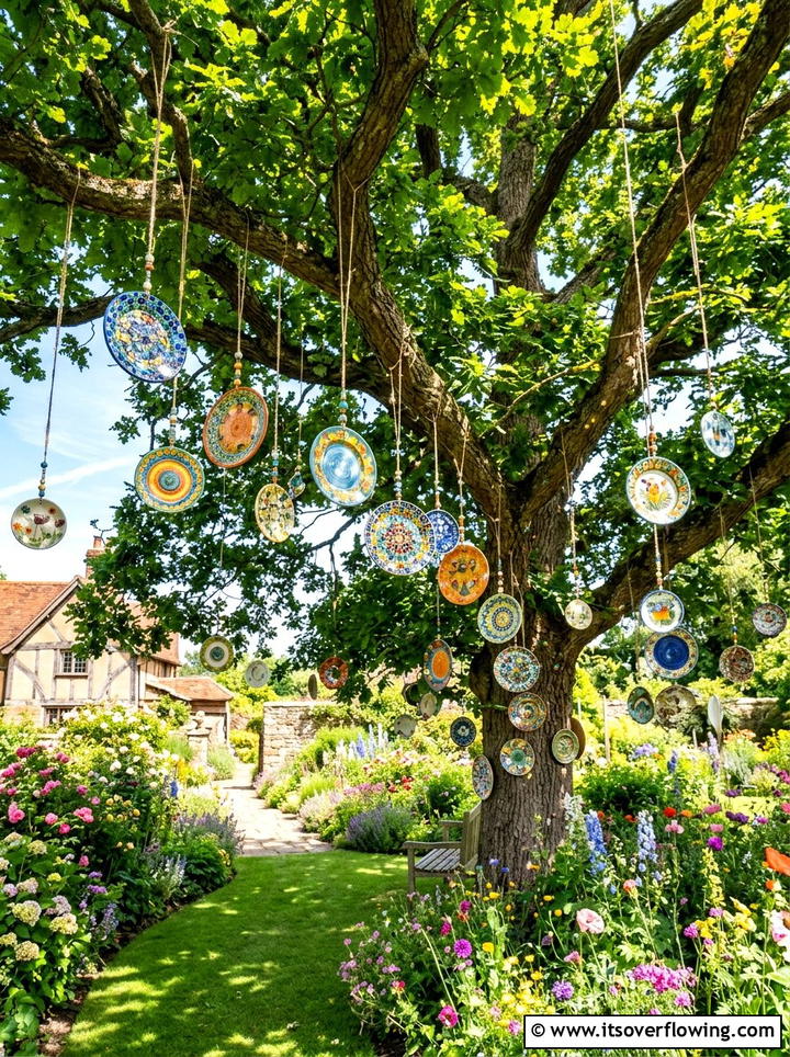 Plate Sun Catcher - 25 recycled garden ideas with chipped dishes
