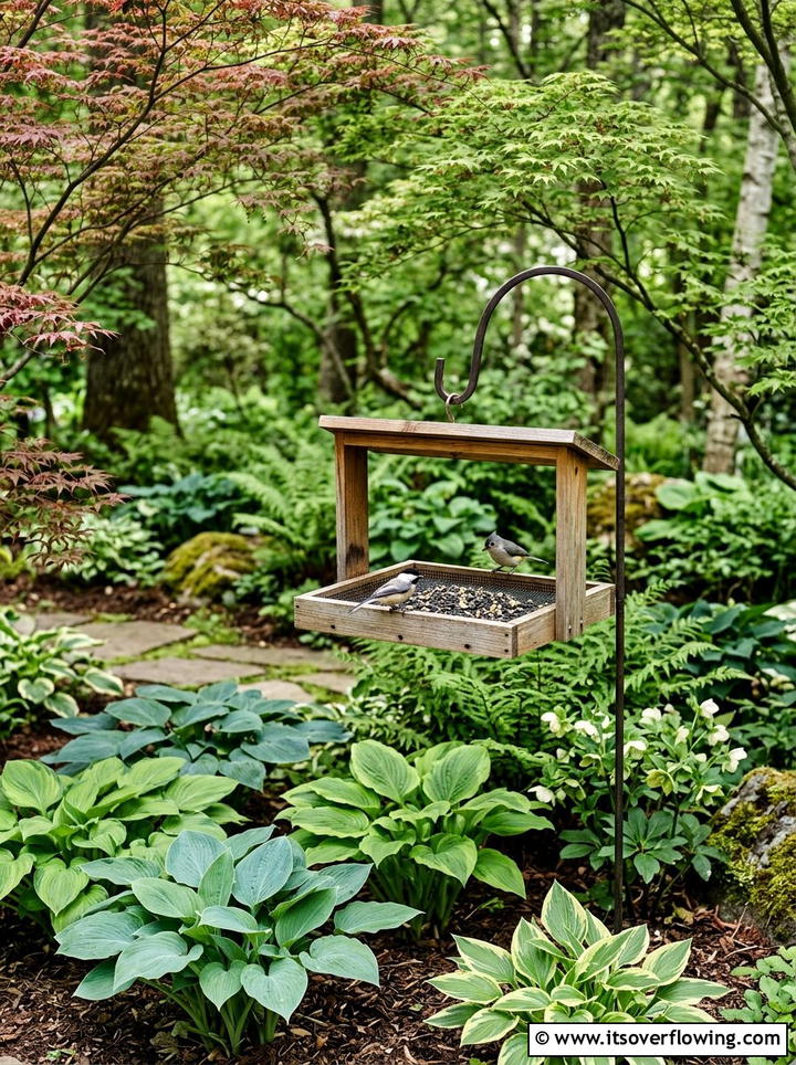 Platform bird feeder in shade garden - 25 garden ideas with bird feeders