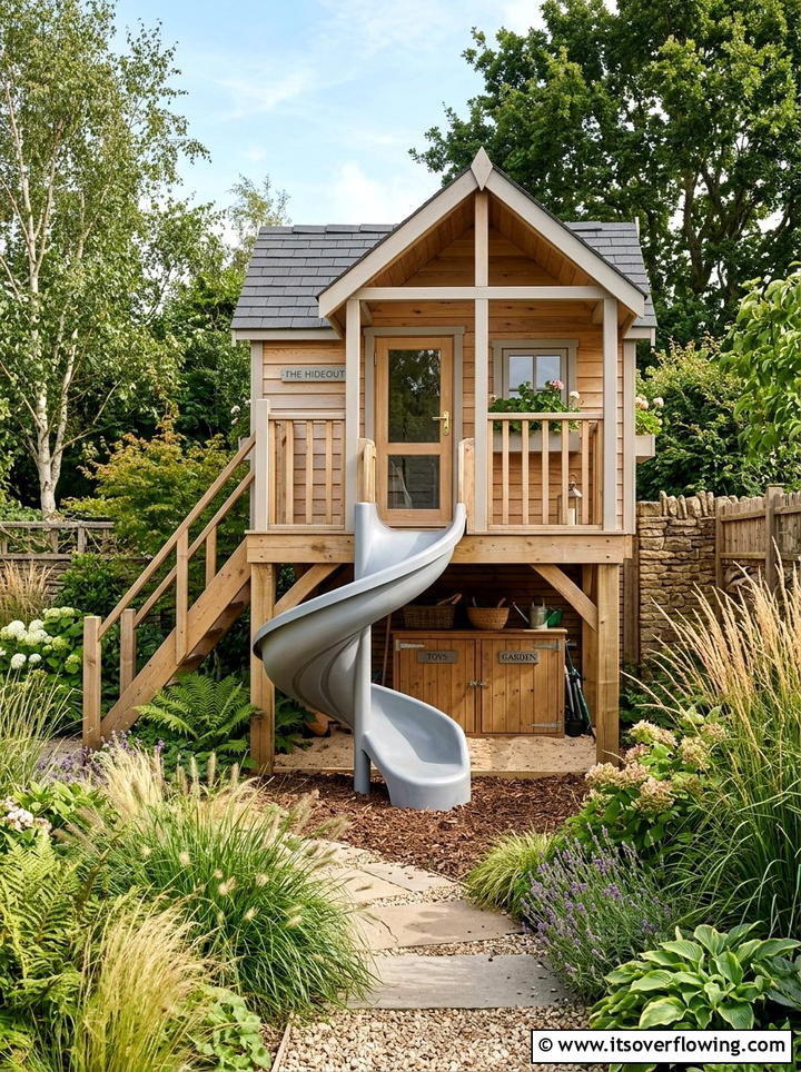 Playhouse On Raised Platform - 25 small garden ideas with kids corner