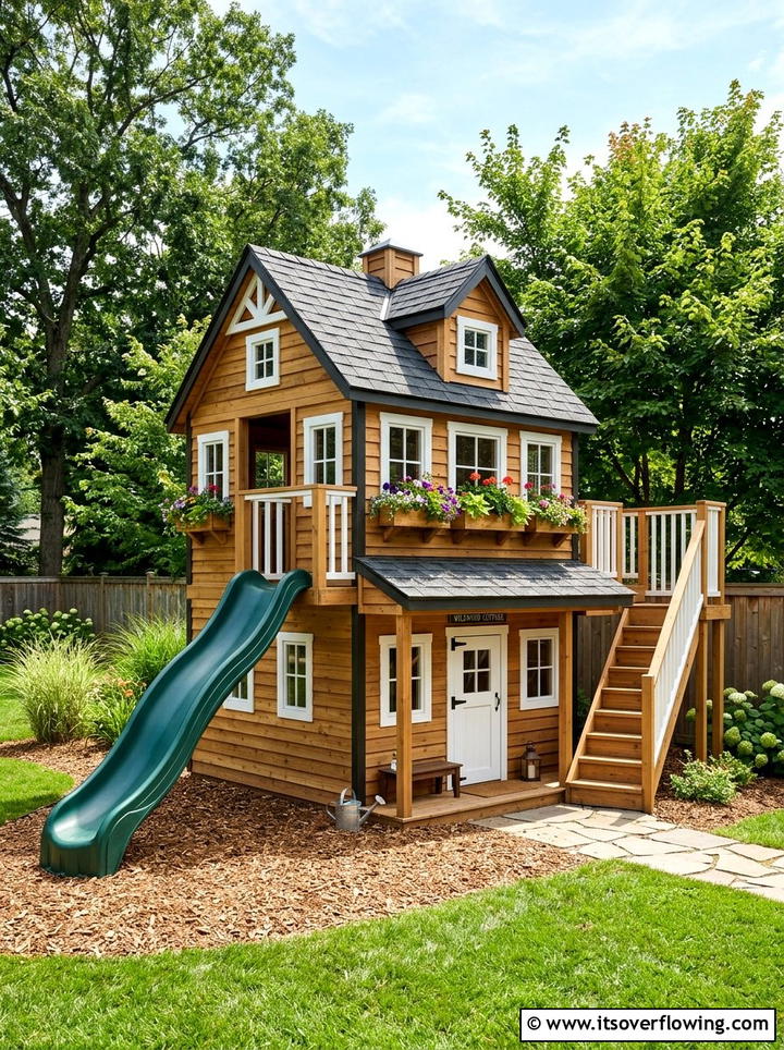 Playhouse With Slide - 25 backyard ideas with play area