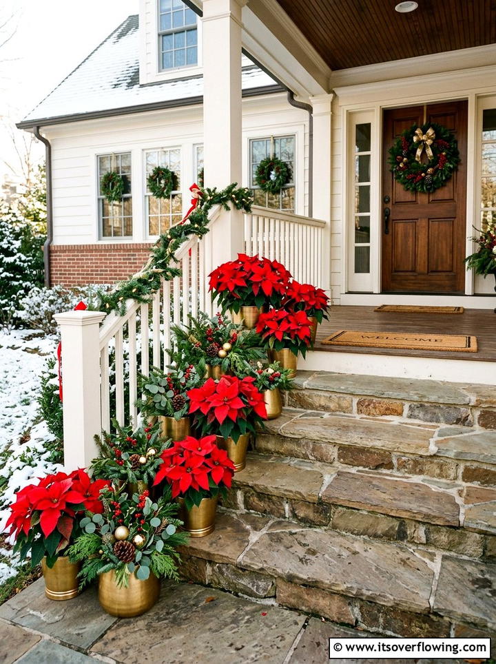 Poinsettia Floral Stair Runner - 25 front porch ideas with christmas decor